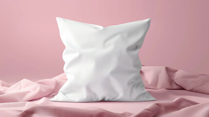 White Blank Polyester Pillow Mock Up Held On A Pink Bed With Pink Background