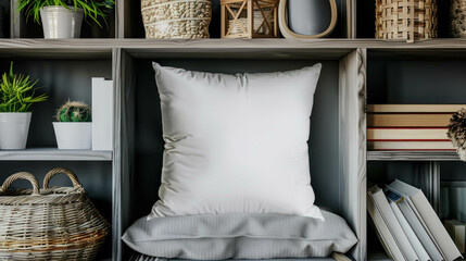 White Blank Polyester Pillow Mock Up In A Shelf With Eco-Friendly Vibe