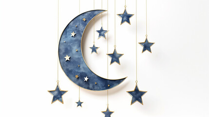 hanging blue moon and stars on white background,  Arabian celebration design element, Islam decoration for muslim festival