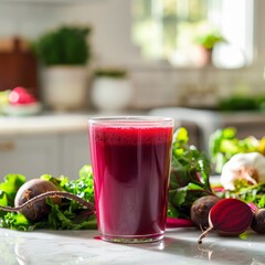 Beetroot smoothie in a large glass and fresh beets on the kitchen table, kitchen in the background, selective focus.