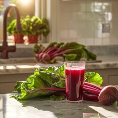 Beetroot smoothie in a large glass and fresh beets on the kitchen table, kitchen in the background, selective focus.