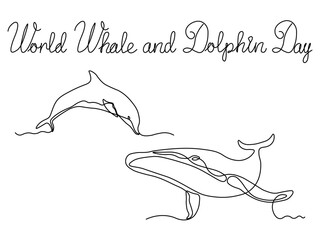 World Whale and Dolphin Day. Whale and Dolphin,Logo, continuous single line art hand drawing sketch