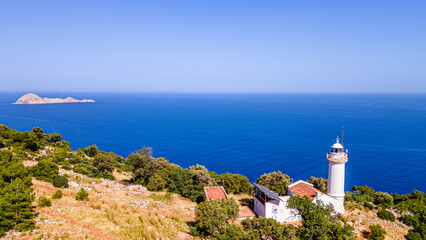 The scenic view of Gelidonya Lighthouse, which is one of the guide lighthouses of the Mediterranean, on the historical Lycian Way, Kumluca, Antalya.