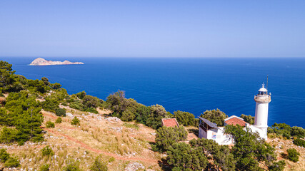 Fototapeta na wymiar The scenic view of Gelidonya Lighthouse, which is one of the guide lighthouses of the Mediterranean, on the historical Lycian Way, Kumluca, Antalya.