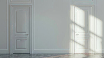 A photo of a white door in an empty room on a light background represents the concept of new beginnings and possibilities.