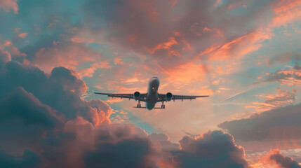 An airplane flying in the sky, with sunset, clouds, and a beautiful sky.