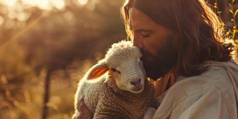 Jesus Christ holding and gently kissing a baby lamb, bathed in beautiful sunlight and a calm and peaceful atmosphere, with a closeup shot of his face, long hair, and beard showing a gentle smile.
