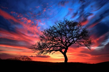 Marvel at the majestic silhouette of a lone tree on a hilltop at sunset, its branches reaching out like dark tendrils against , Generative AI