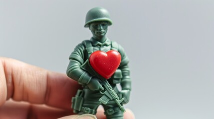 Plastic soldier toy holding a heart.