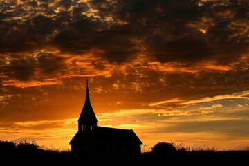 Fototapeta premium Step into the tranquil silhouette of a church steeple against the backdrop of a golden sunset, its silhouette standing out against, Generative AI