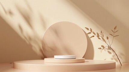Glossy beige podium for cosmetic product presentation. Circle minimal geometric forms.