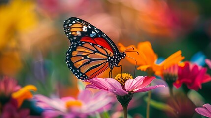 Fototapeta premium Butterfly resting on a colorful flower wings open to reveal unique markings ideal for nature and wildlife themes