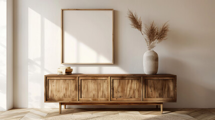 A large wooden sideboard with a blank picture frame on the wall, ready for a photo or artwork.