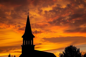 Obraz premium Step into the tranquil silhouette of a church steeple against the backdrop of a golden sunset, its silhouette standing out against, Generative AI