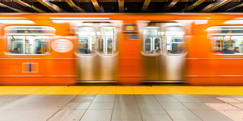 The subway, colored in orange and silver with visible windows and doors, passing by in a motion blur against an empty platform.