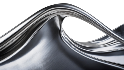 Abstract fluid metal bent form. Metallic shiny curved wave in motion. Cut out design element steel texture effect.