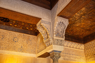 Arabic interiors of Nasrid Palace, Alhambra palace comple, Generalife and Albayzin (Generalife y Albaicín de Granada), UNESCO site, Granada, Andalusia, Spain
