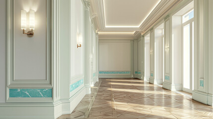 Fototapeta premium Elegant home with off-white walls, aqua marble accents, and cherry wood floors.