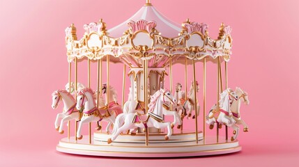 Elegant spinning carousel centerpiece on a solid pink background featuring intricately painted horses and golden poles ideal for a luxury event display