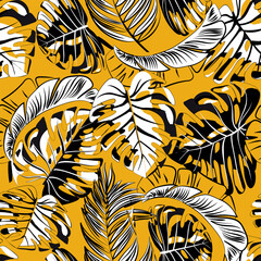 Black and white monster leaf pattern on a yellow background. Seamless background vector illustration.