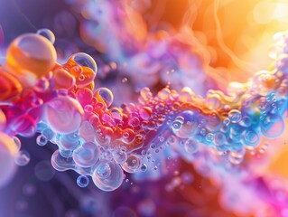 A 3D visualization of colorful molecules with transparent and reflective properties in a dynamic, fluid scene.
