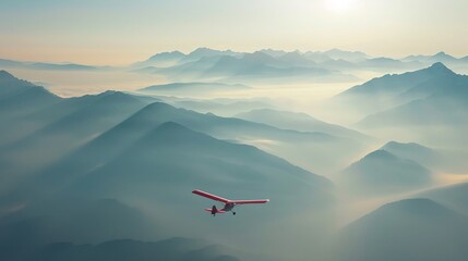 Glider soaring peacefully over a mountain range wings highlighted by the sunlight capturing the essence of freedom and tranquility