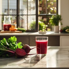 Beetroot smoothie in a large glass and fresh beets on the kitchen table, kitchen in the background, selective focus.