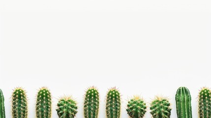 Row of various green cacti against a white background with copy space.