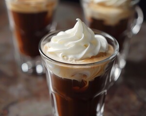 Detailed shot of espresso topped with a perfect peak of cream, super realistic