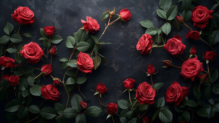 Red roses and scattered petals on dark textured background. Flat lay composition with copy space. Romance and beauty concept for greeting cards and invitations design ,generative ai