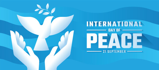 International day of peace - White both hands are letting the dove of peace to fly on blue wave texture background vector design