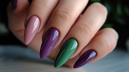 Close-up of a hand with long, almond-shaped nails painted in a gradient of purple and green colors.