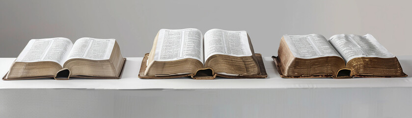 Old Holy Bible setup in a pristine white minimalist environment, a study in faith, super realistic