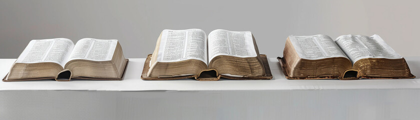 Obraz premium Old Holy Bible setup in a pristine white minimalist environment, a study in faith, super realistic