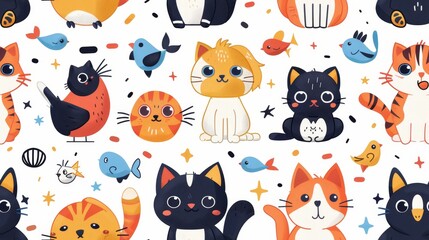 A cute seamless pattern with cartoon cats, fishes and birds. Perfect for children's clothing, bedding, and other products.