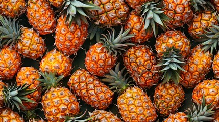A pile of pineapples, each one is ripe and juicy, with a sweet and tangy flavor.