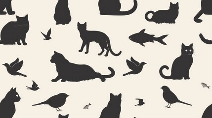 A seamless pattern with black cats, birds, and fish on a beige background. The pattern is cute and playful, and would be perfect for a variety of projects.