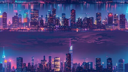 A stunning view of a futuristic city. The city is full of skyscrapers and lights. The sky is a deep purple color.