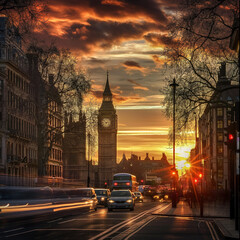 London sunset Big Ben with traffic