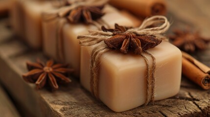 Fototapeta premium Handmade soap wrapped with twine, adorned with star anise and cinnamon sticks, on a rustic wooden background.