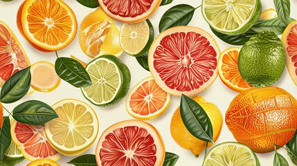 A variety of citrus fruits are on display, including oranges, grapefruits, and lemons