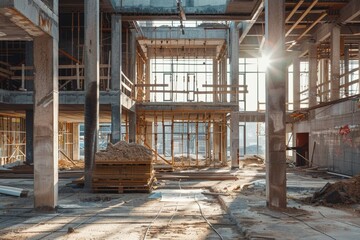 A construction site filled with machinery, workers, and equipment.