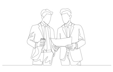 Continuous one line drawing of businessman holding report document to discuss work with colleague, business working, collaboration concept, single line art.