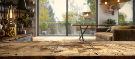 Interior background with a tabletop and blurred surroundings.
