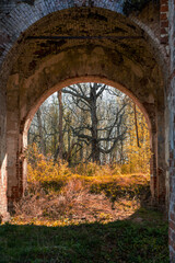 Fototapeta premium A brick arch in an abandoned, old building. View of the forest across the brick river.