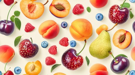 A variety of fresh fruits, including peaches, pears, plums, cherries, blueberries, and raspberries, are arranged on a white background