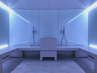 Steam sauna or Turkish bath or Hammam inside wellness or spa area on luxury Italian cruiseship or...