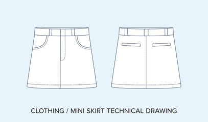 Blank Mini Skirt Technical Drawing, Apparel Blueprint for Fashion Designers. Detailed Editable Vector Illustration, Black and White Womens Clothing Schematics, Isolated Background. 