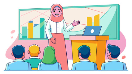 Smiling Woman in Hijab Giving a Presentation to Audience