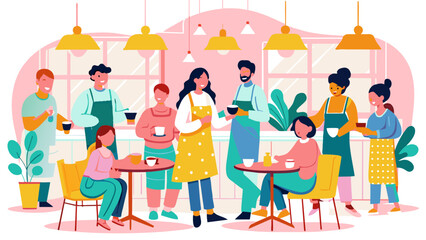 Colorful Illustration of Diverse People Enjoying Coffee in a Cozy Cafe
